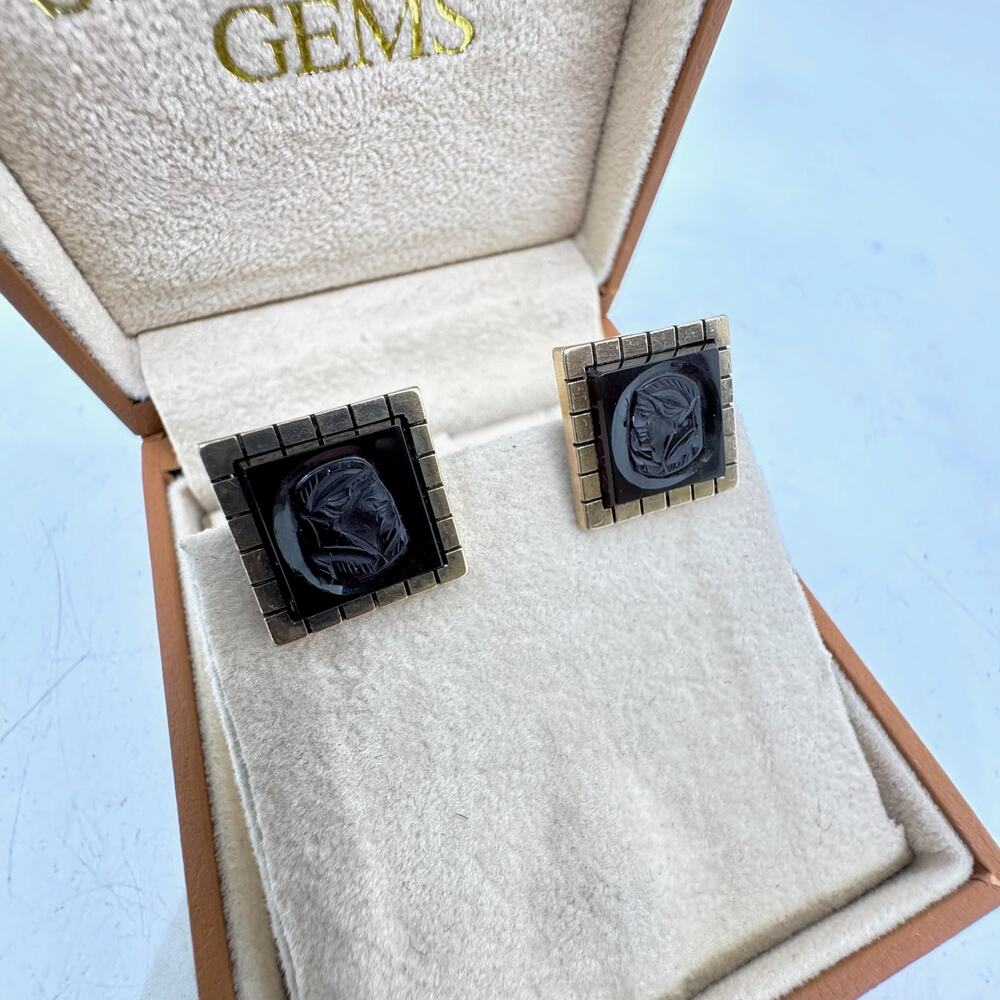 Vintage 12K Gold & Black Glass Intaglio Roman Centurion Clip-on Earrings